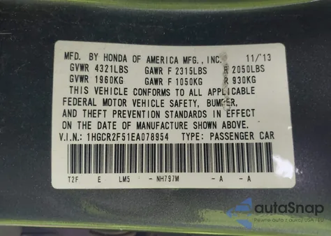 2014 Honda Accord Sport z USA, uszkodzony, nr VIN 1HGCR2F51EA078954